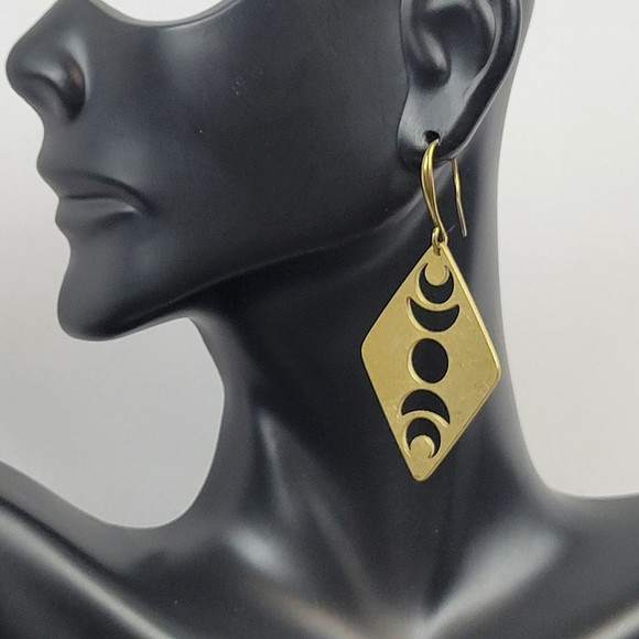 Zoey Rae Creations Jewelry - Dangle Drop Earrings Raw Brass Moon Phase Hook Handmade 2.5" Long Diamond Shape